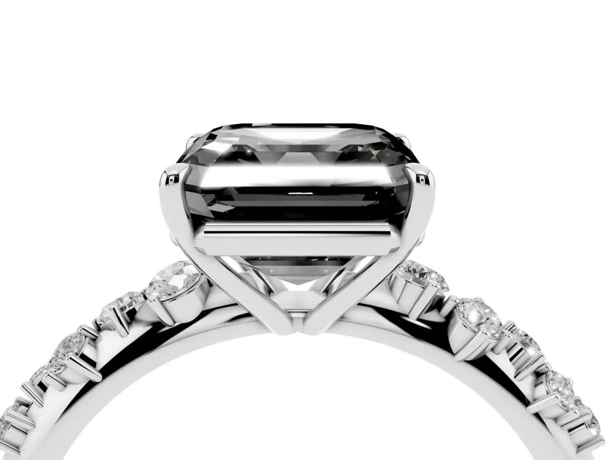 Fancy Black Asscher Cut Diamond Cluster Side Stone Solitaire Ring with Prong Setting Silver
