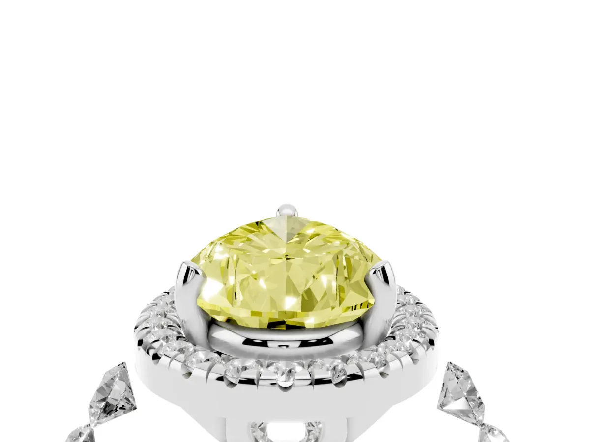 Fancy Yellow Pear Cut Halo Pavé Diamond Engagement Ring with Four-Prong Setting Silver
