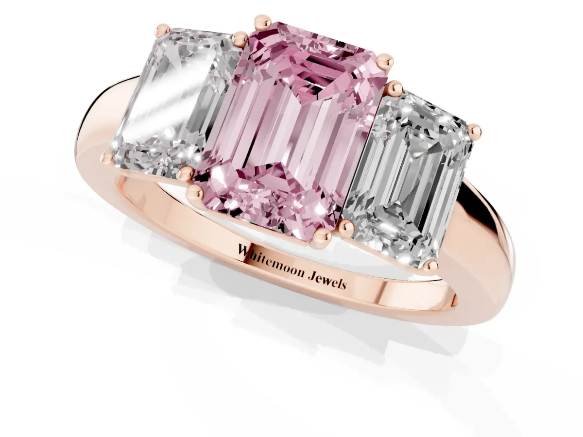 Fancy Pink Emerald Cut Diamond Three-Stone Ring with Four-Prong Setting and Classic Band Rose gold