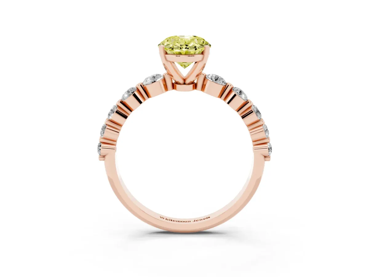 Fancy Yellow Oval Cut Solitaire Diamond Ring with Pave Band and Four-Prong Setting Rose gold