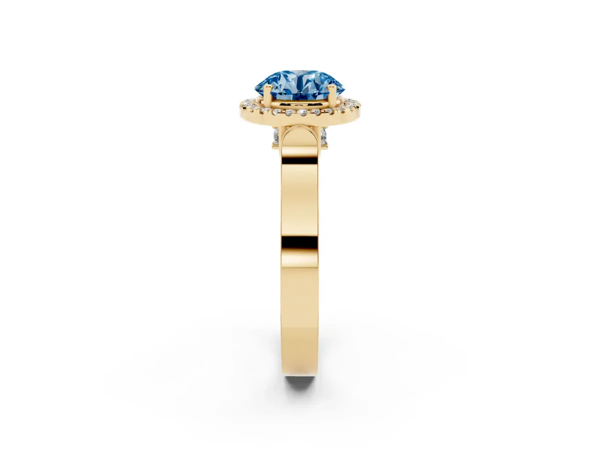 Fancy Blue Round Cut Halo Round Diamond Twist Band with Four-Prong Setting Yellow gold