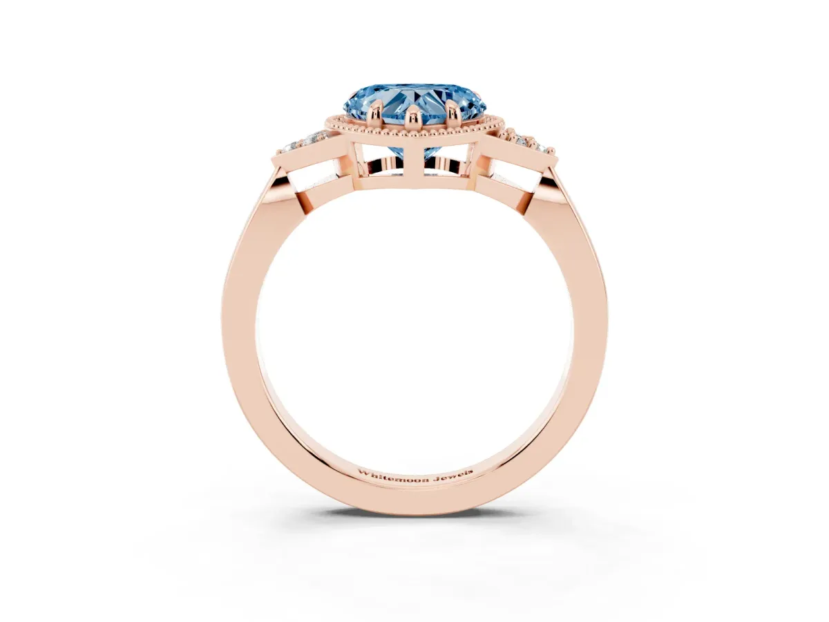 Fancy Blue Heart Cut Diamond Halo Ring with Tapered Band and Four-Prong Setting Rose gold