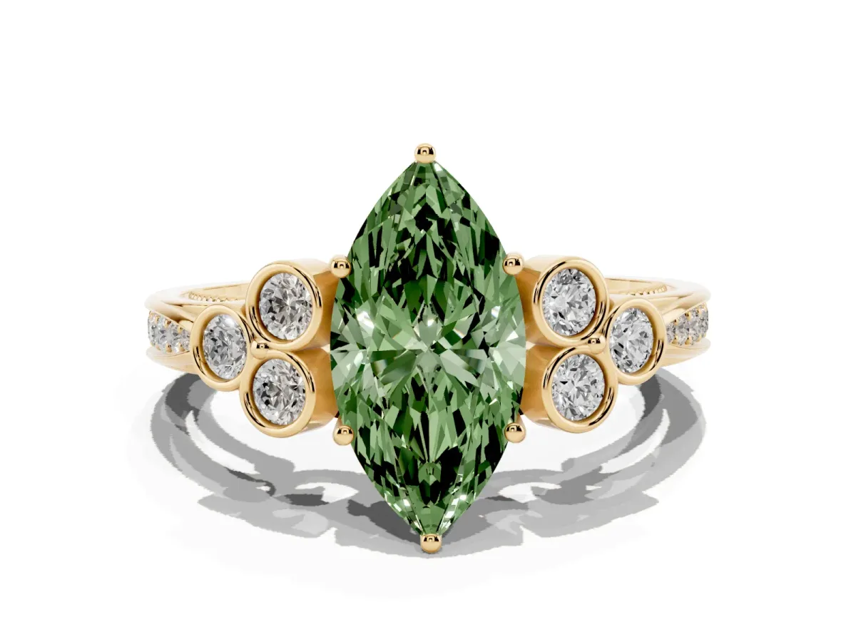 Fancy Green Marquise Cut Cut Diamond Engagement Ring with Bezel Set Round Side Stones and Prong Setting Yellow gold