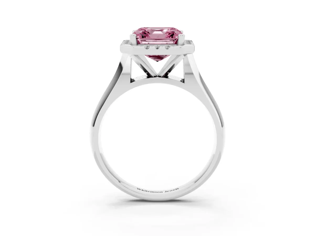 Fancy Pink Asscher Cut Cut Halo Solitaire Engagement Ring with Square Band and Four-Prong Setting Platinum