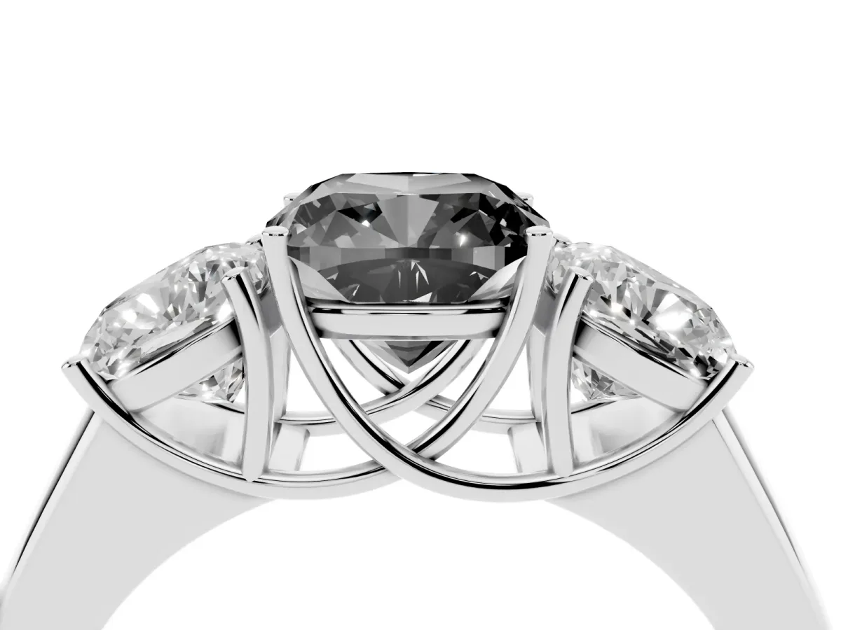 Fancy Black Three-Stone Cushion Cut Cut Diamond Ring with Prong Setting and Classic Band Platinum