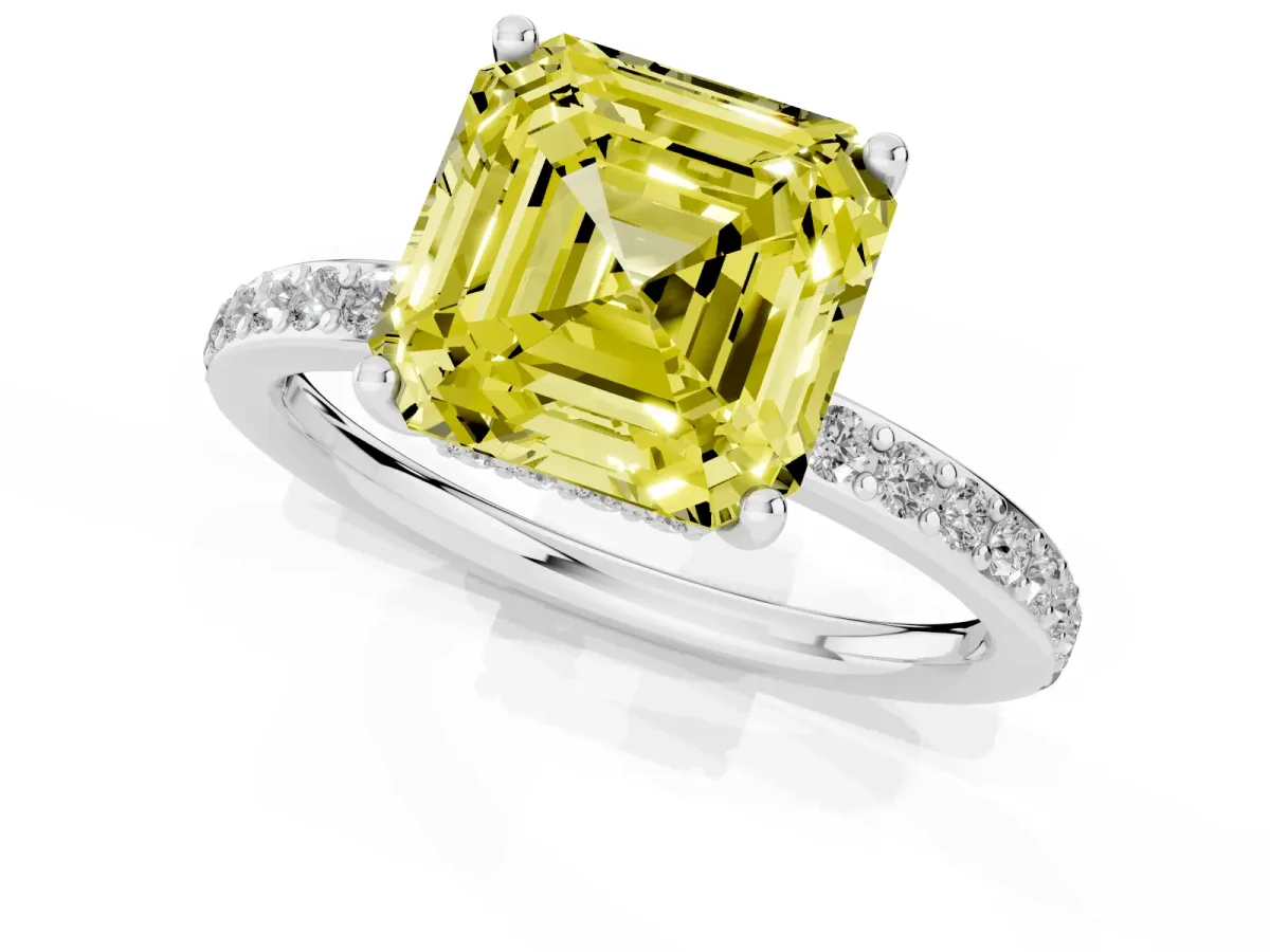 Fancy Yellow Asscher Cut Cut Diamond Pavé Band Ring with Four-Prong Setting Platinum