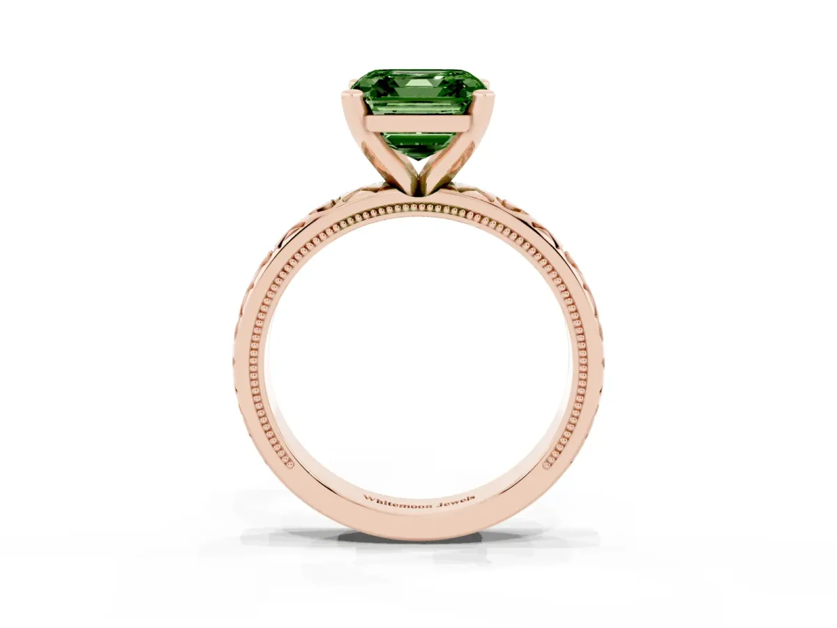 Fancy Green Asscher Cut Solitaire Diamond Engagement Ring with XO Engraved Band and Four-Prong Setting Rose gold