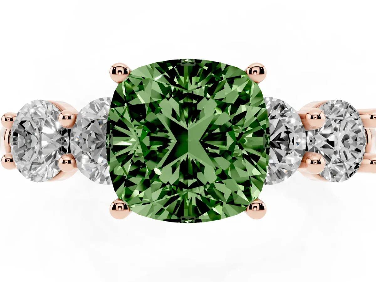 Fancy Green Cushion Cut Cut Five-Stone Prong Set Diamond Ring with Classic Band Rose gold