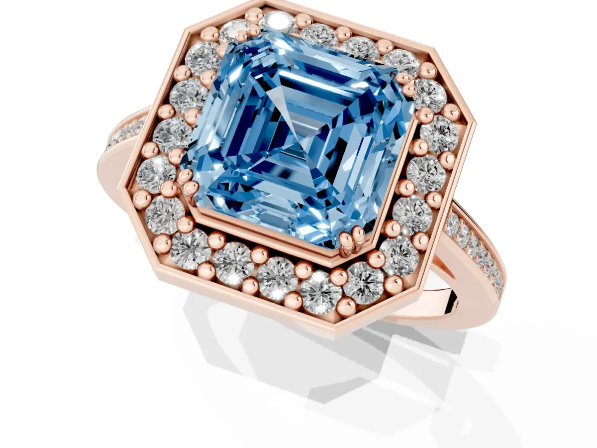 Fancy Blue Asscher Cut Diamond Halo Ring with Split Shank and Four-Prong Setting Rose gold