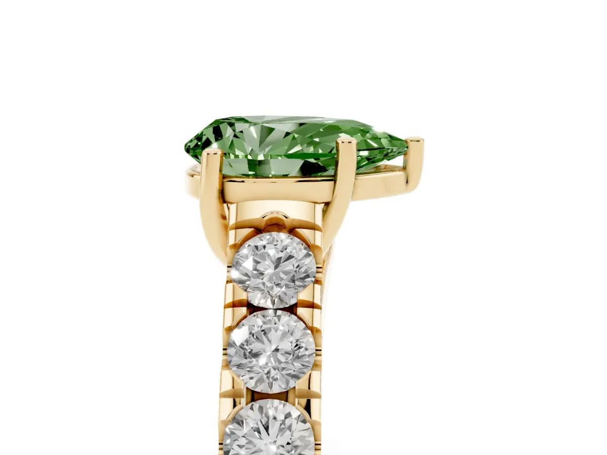 Fancy Green Pear Cut Cut Diamond Solitaire Ring with Micro Pave Band and Prong Setting Yellow gold