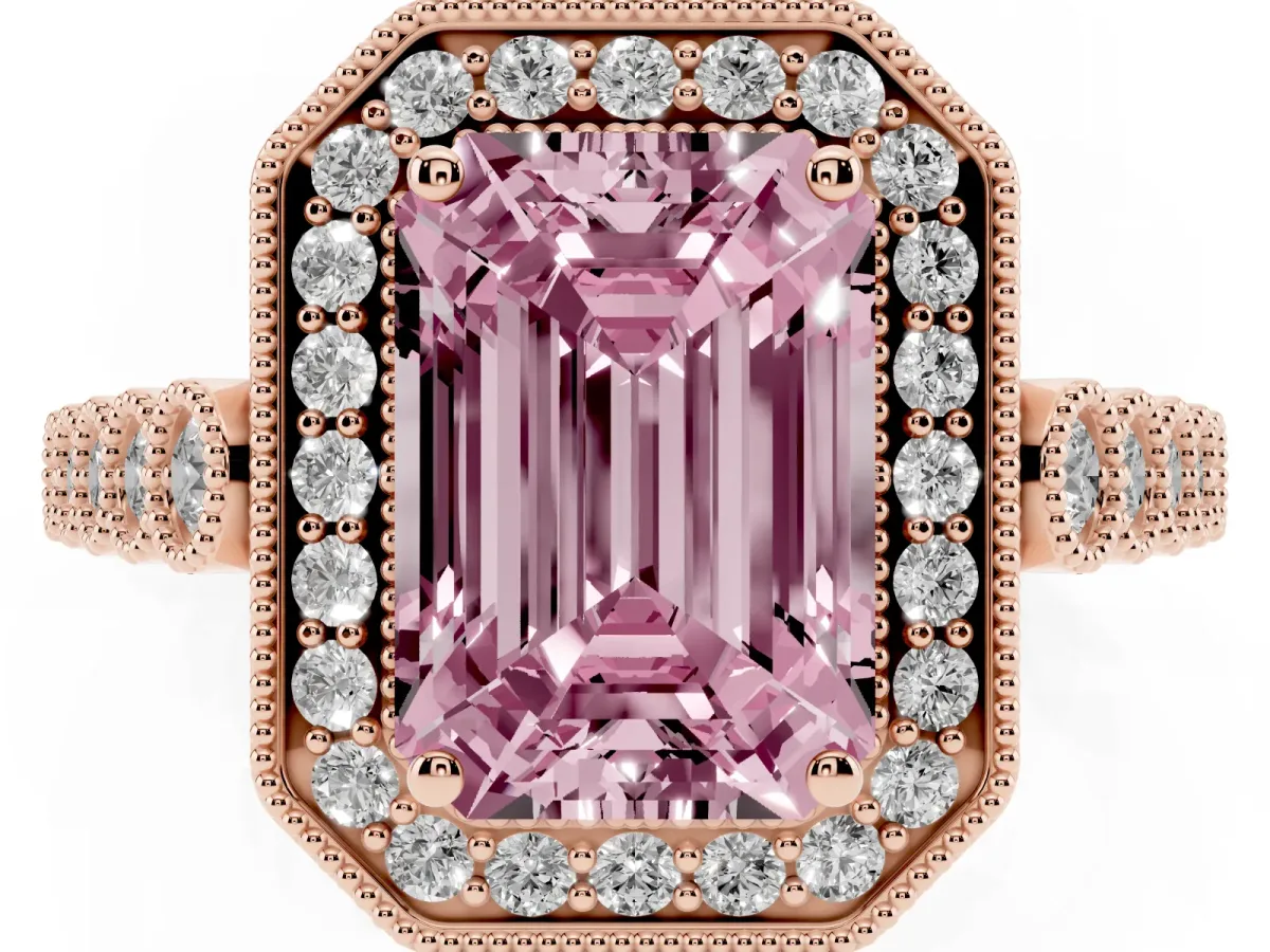 Fancy Pink Emerald Cut Halo Milgrain Solitaire with Bezel Set Side Stones and Pave Band Rose gold