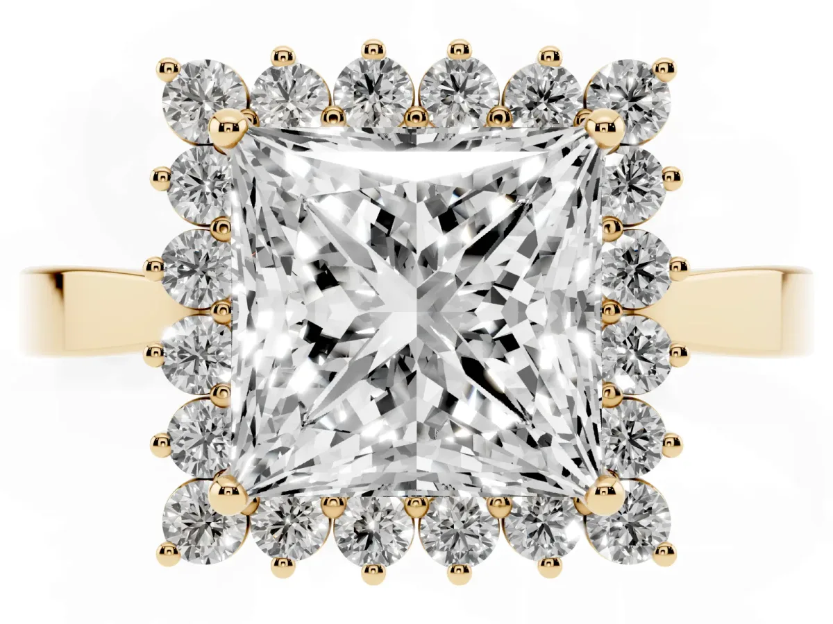 Princess Cut Cut Diamond Halo Ring with Round Brilliant Halo and Solitaire Band Yellow gold