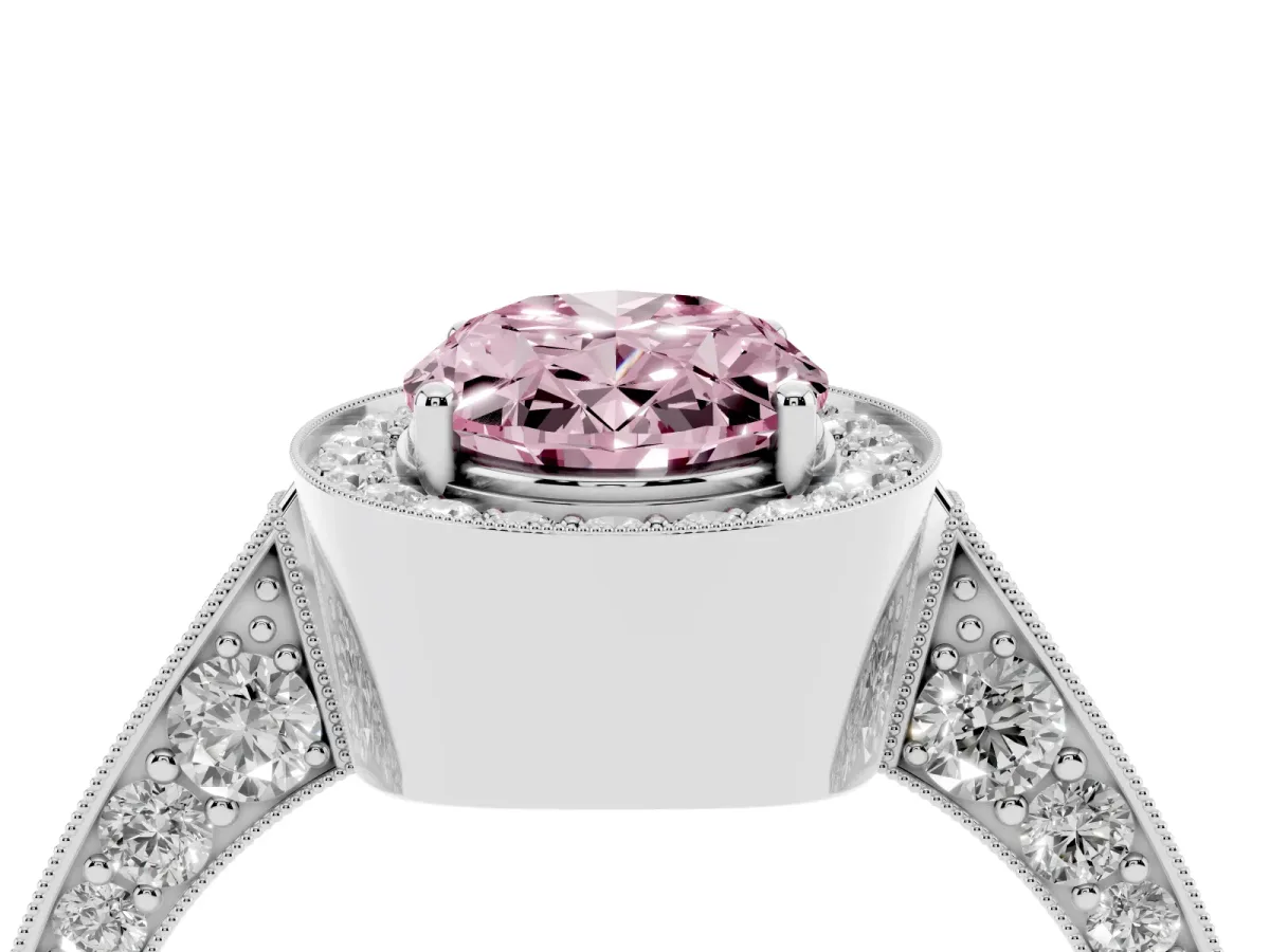 Fancy Pink Oval Cut Halo Diamond Engagement Ring with Split Shank Band and Four-Prong Setting Silver