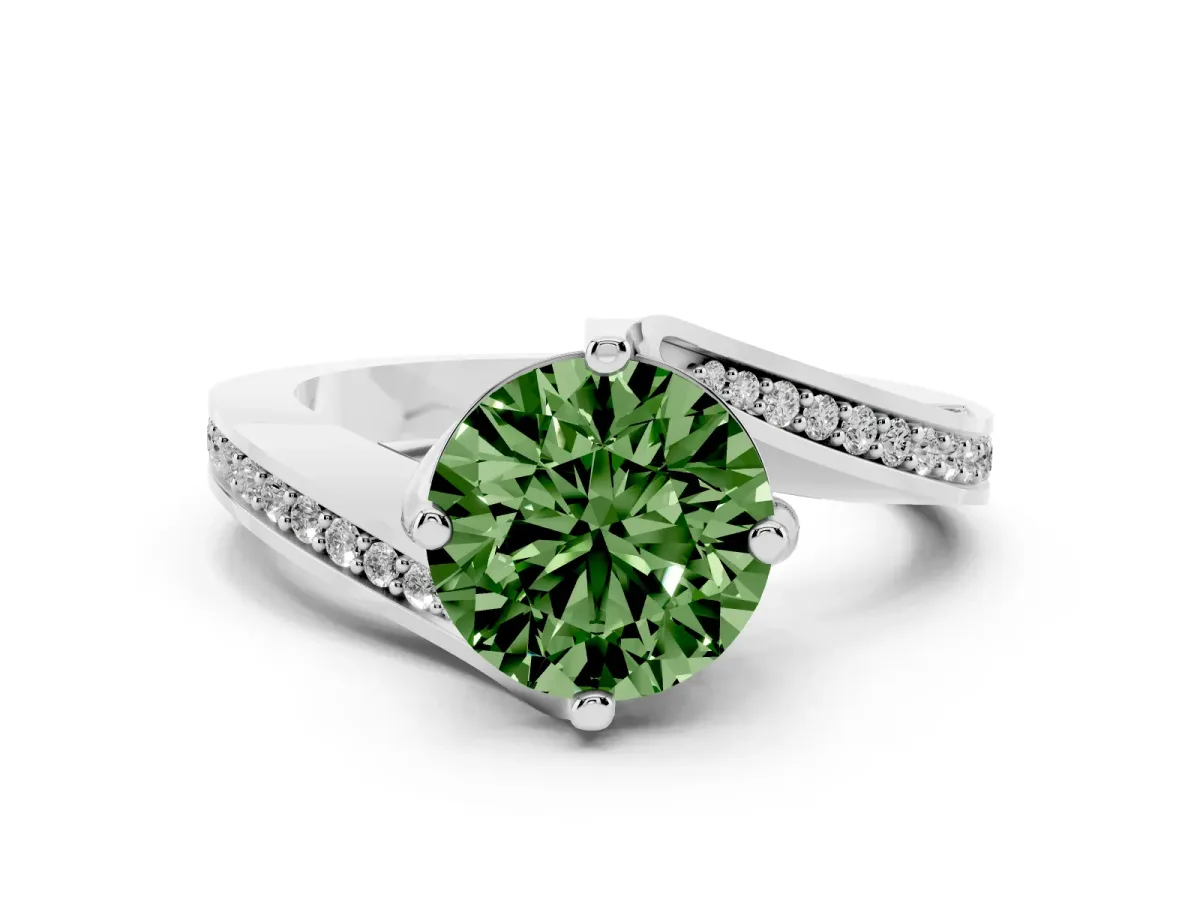 Fancy Green Round Cut Solitaire Diamond Twist Band with Pavé Setting and Four-Prong Setting Platinum