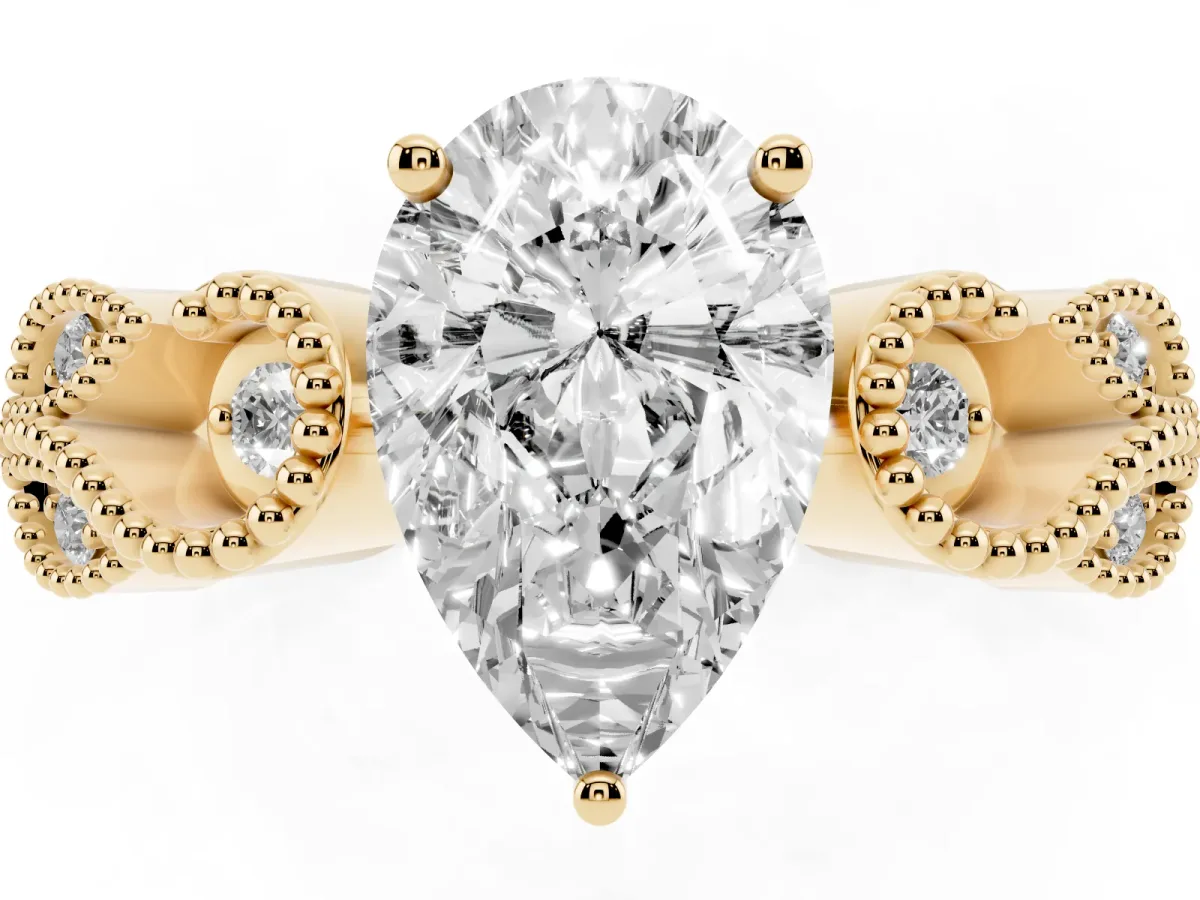 Pear Cut Solitaire Milgrain Leaf Band with Prong Setting Yellow gold