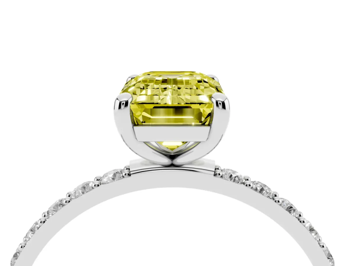 Fancy Yellow Emerald Cut Diamond Solitaire Ring with Round Pavé Band and Prong Setting Silver