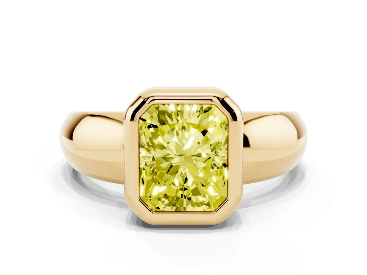 Fancy Yellow Bezel Set Radiant Cut Solitaire Ring with Wide Band Yellow gold