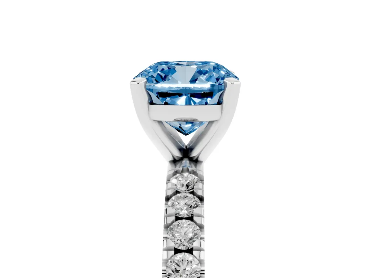Fancy Blue Cushion Cut Diamond Pavé Band Solitaire with Four-Prong Setting Platinum