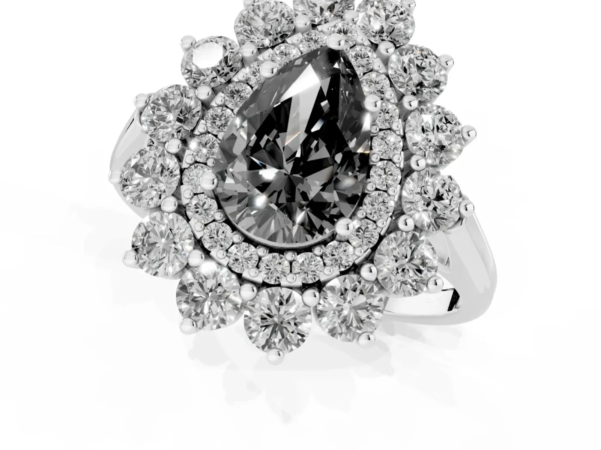 Fancy Black Pear Cut Diamond Floral Double Halo Engagement Ring with Prong Setting Silver