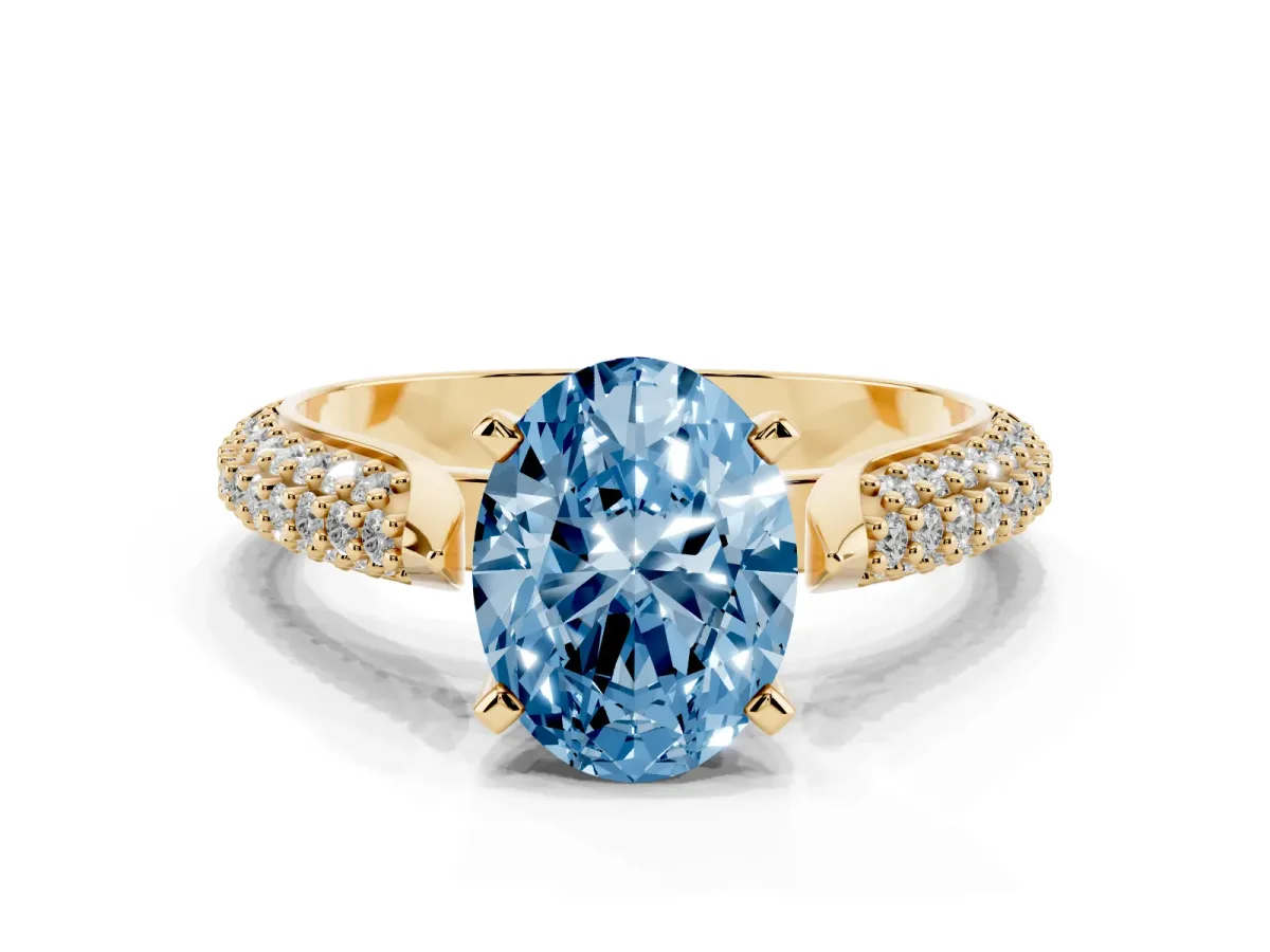 Fancy Blue Oval Cut Diamond Solitaire Engagement Ring with Multi-Row Round Pavé Band and Prong Setting Yellow gold
