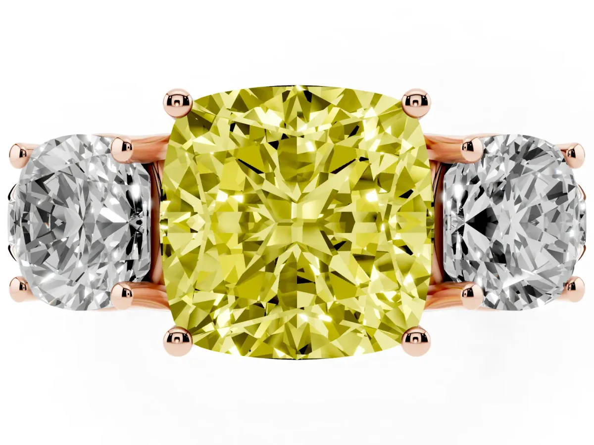 Fancy Yellow Three-Stone Cushion Cut Diamond Pavé Band with Prong Setting Rose gold