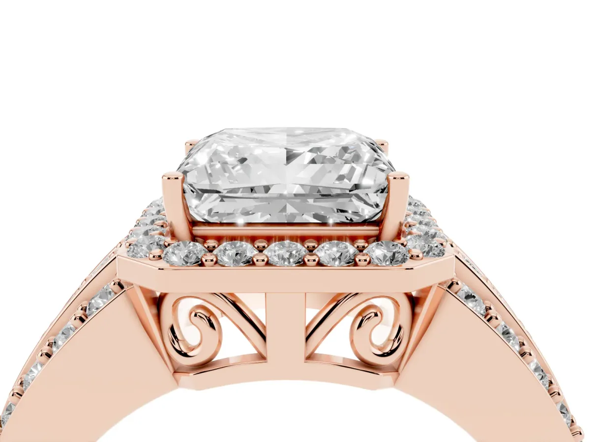 Princess Cut Halo Diamond Ring with Round Split Shank and Prong Setting Rose gold