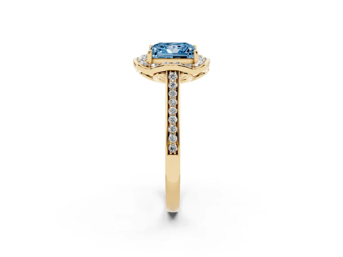 Fancy Blue Princess Cut Halo Round Diamond Pave Band with Four-Prong Setting Yellow gold