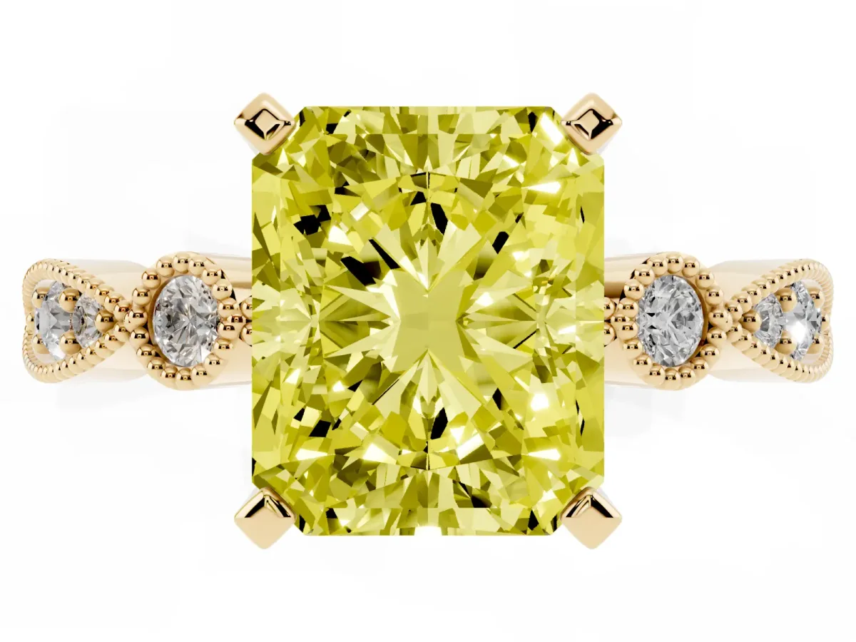 Fancy Yellow Radiant Cut Milgrain Bezel Diamond Engagement Ring with Solitaire Prong Setting Yellow gold