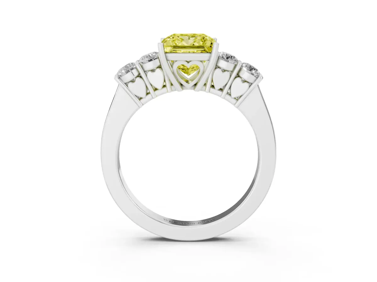 Fancy Yellow Princess Cut Cut Diamond Five-Stone Prong Set White Gold Ring Silver