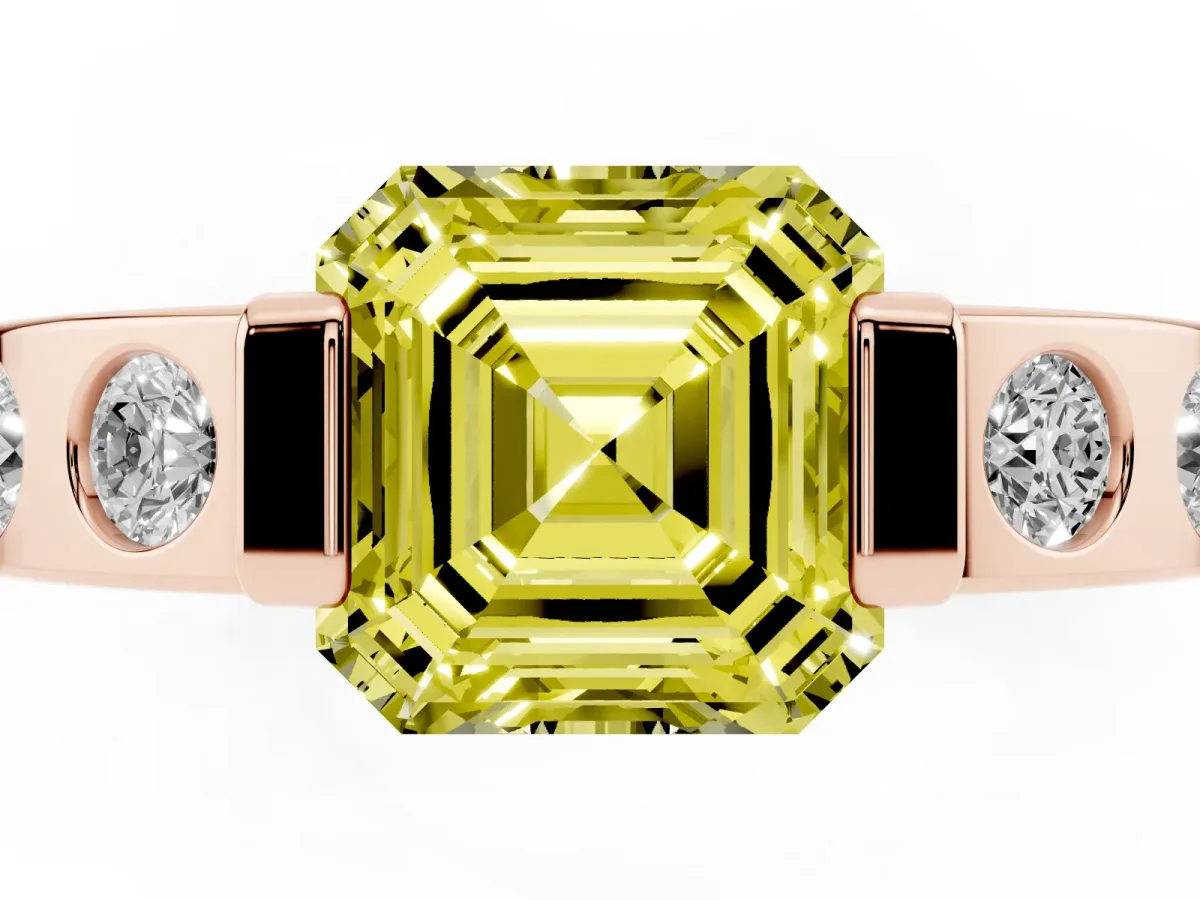 Fancy Yellow Asscher Cut Brilliant Channel-Set Diamond Ring with Bezel Prong Setting Rose gold