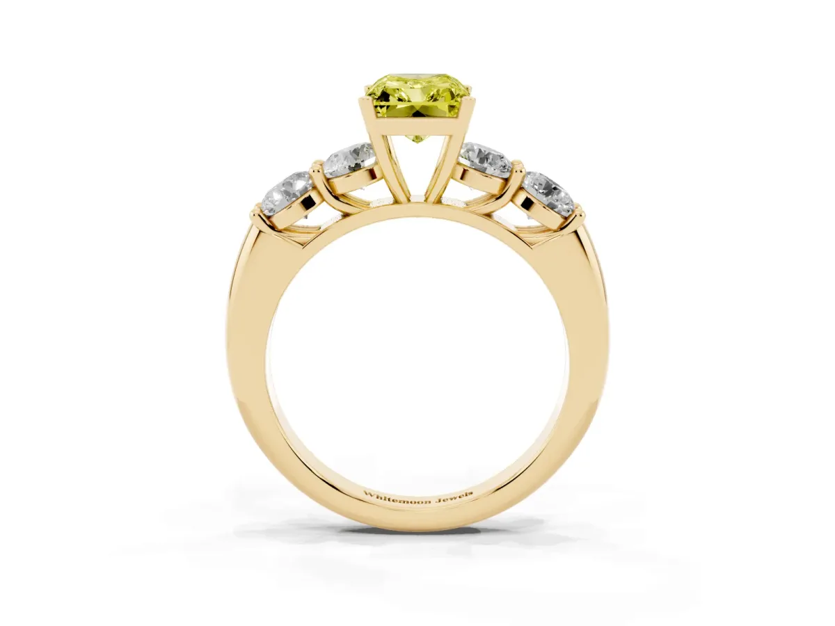 Fancy Yellow Radiant Cut Cut Five-Stone Prong Set Diamond Ring with Classic Band Yellow gold