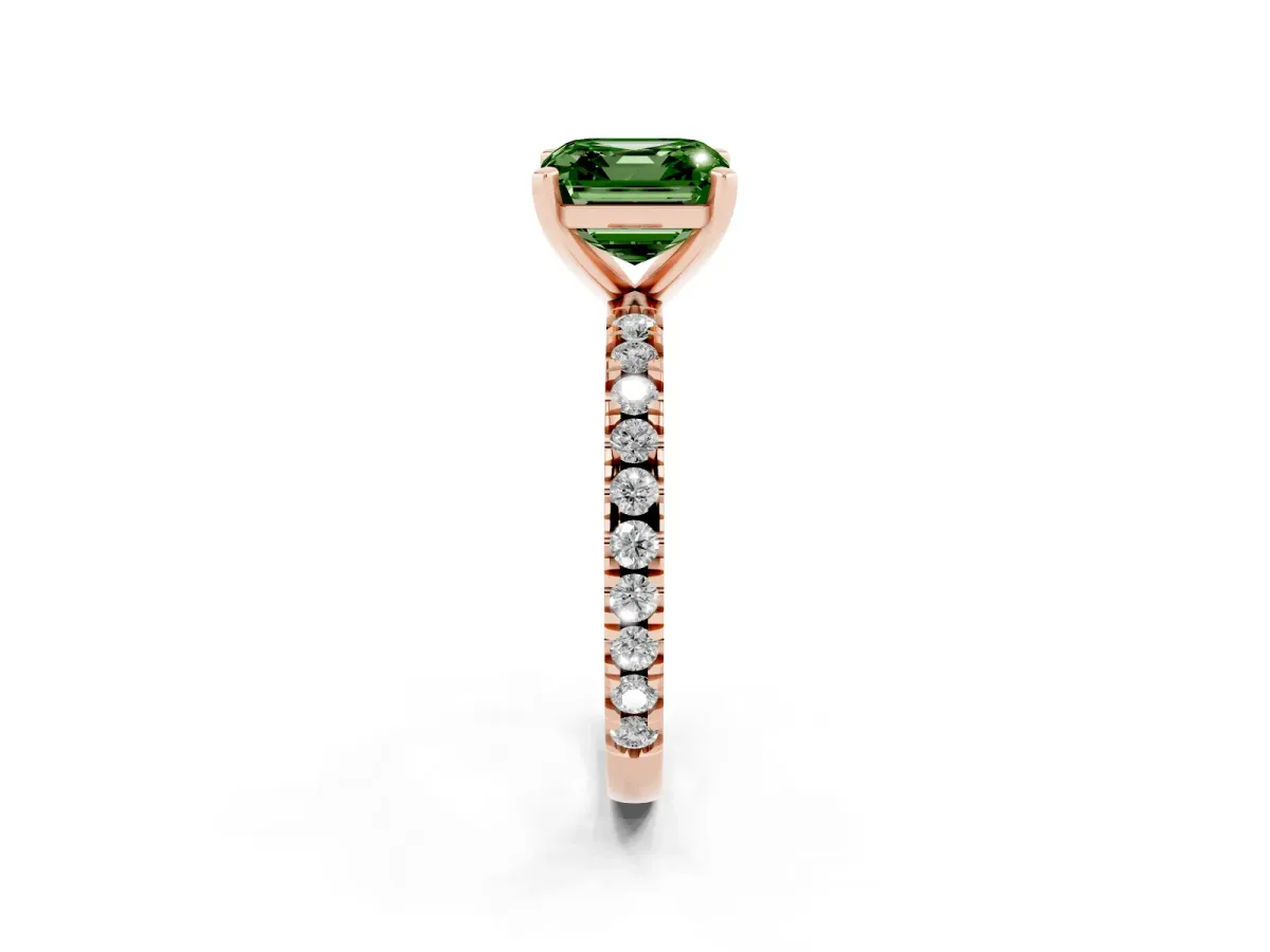 Fancy Green Asscher Cut Diamond Pavé Band Solitaire with Four-Prong Setting Rose gold