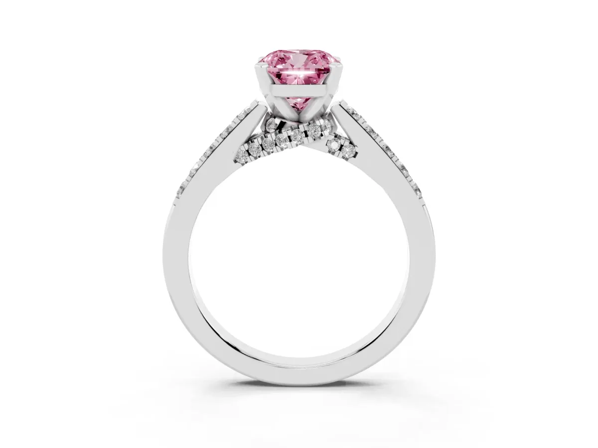 Fancy Pink Cushion Cut Diamond Solitaire Ring with Crossover Gallery and Round Pavé Band White gold