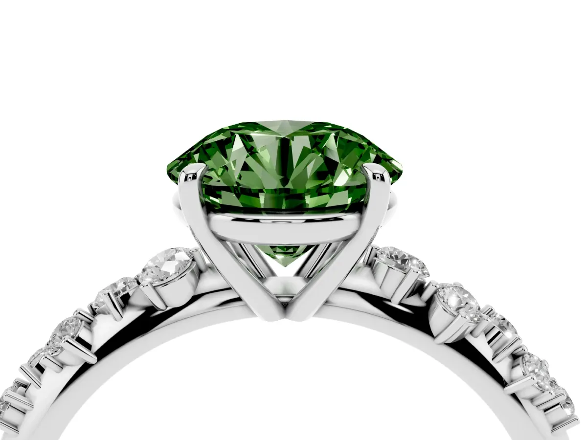 Fancy Green Round Cut Diamond Cluster Side Stone Solitaire Ring with Prong Setting Platinum
