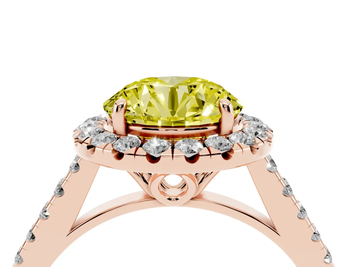 Fancy Yellow Round Cut Halo Pavé Diamond Engagement Ring with Four-Prong Setting Rose gold