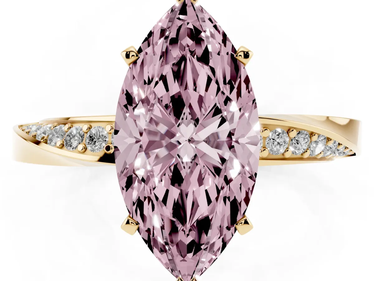 Fancy Pink Marquise Cut Diamond Engagement Ring with Side Stone Accents and Four-Prong Setting Yellow gold