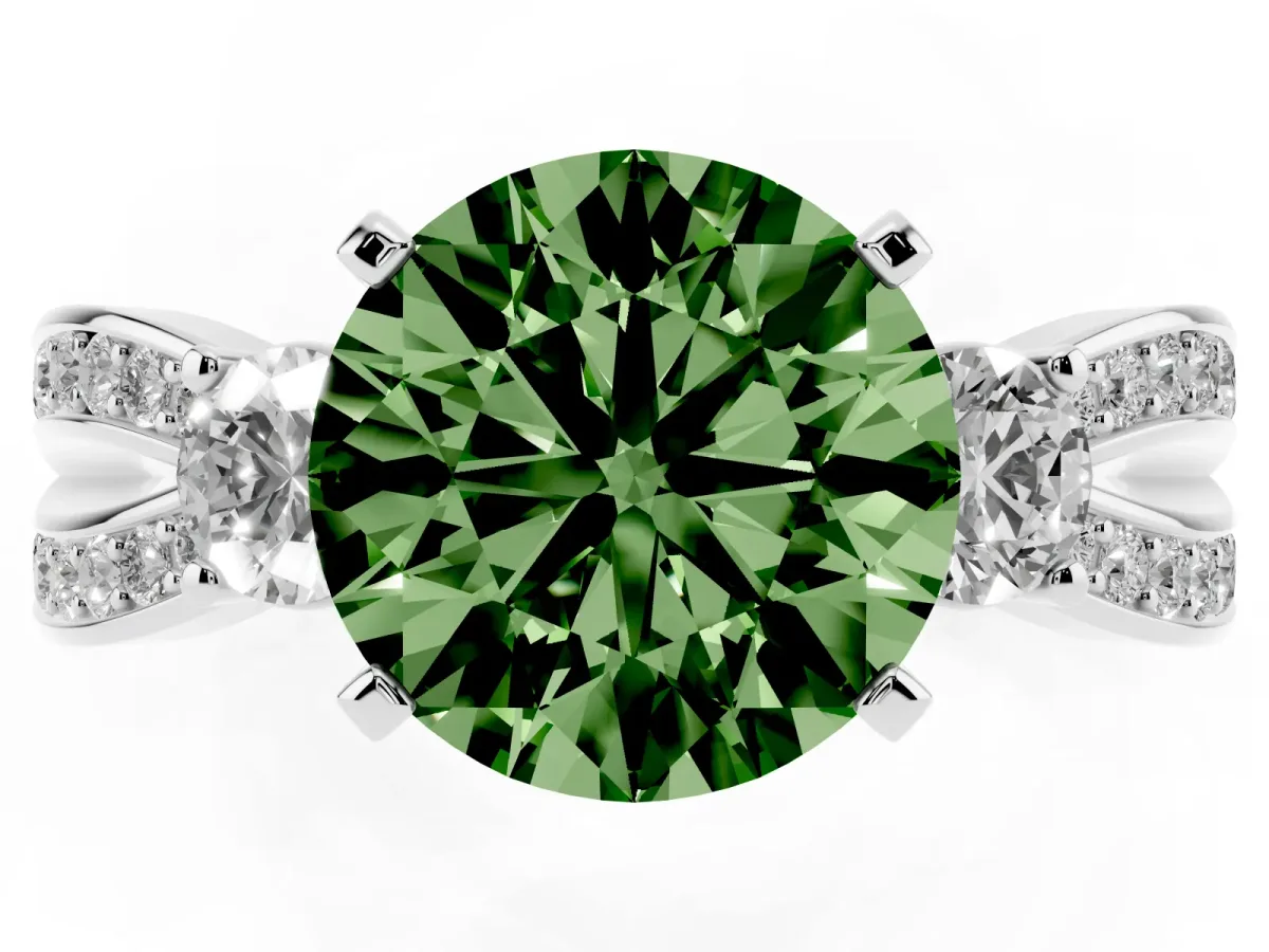 Fancy Green Three-Stone Round Cut Cut Diamond Twist Band with Prong Setting Silver