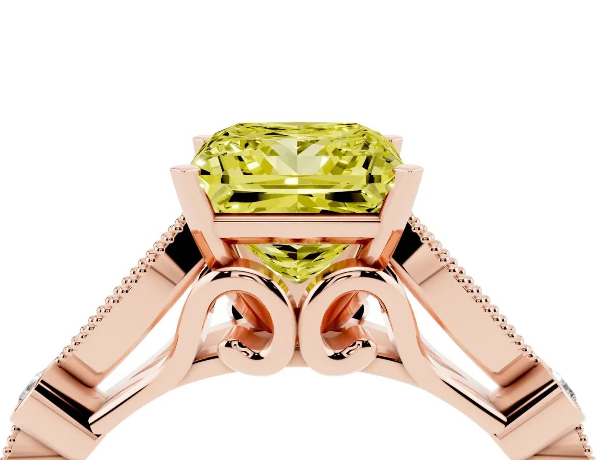 Fancy Yellow Princess Cut Cut Diamond with Milgrain Marquise and Bezel Accents on a Solitaire Band with Prong Setting Rose gold