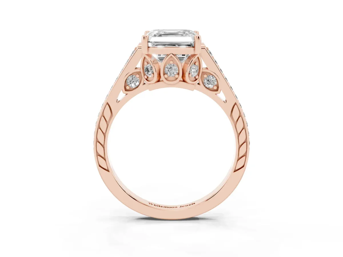 Asscher Cut Cut Cathedral Pave Diamond Engagement Ring with Six-Prong Setting Rose gold