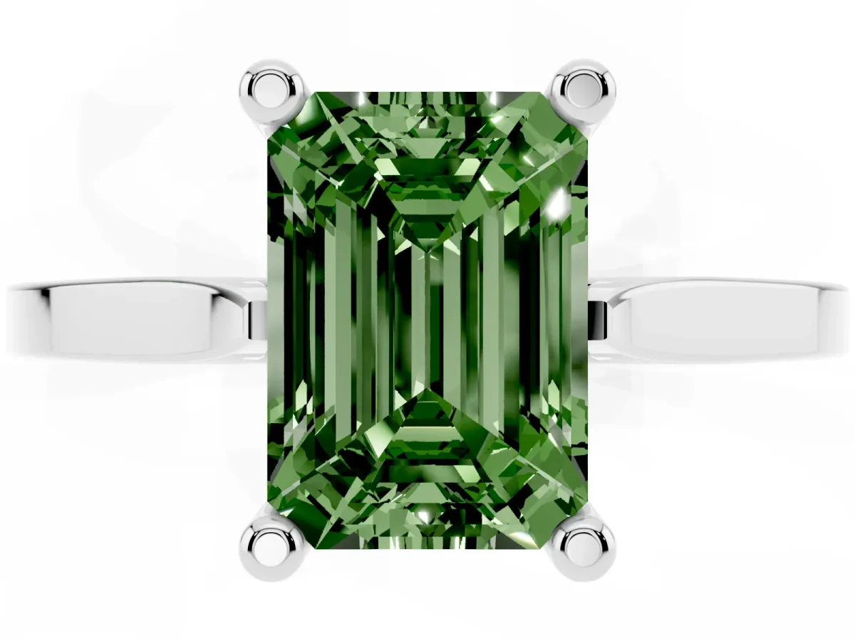 Fancy Green Emerald Cut Solitaire Diamond Ring with Four-Prong Setting and Tapered Band Silver