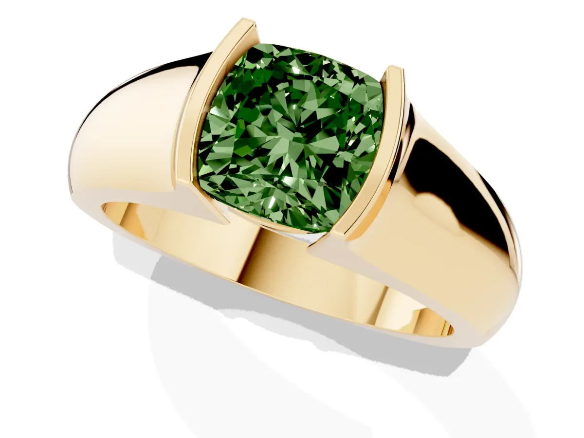 Fancy Green Cushion Cut Solitaire Bezel Set Diamond Ring with Wide Band Yellow gold