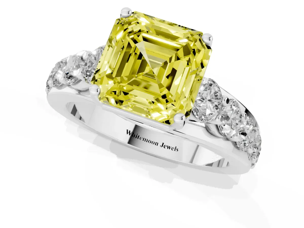 Fancy Yellow Asscher Cut Diamond Engagement Ring with Pavé Band and Four-Prong Setting Silver