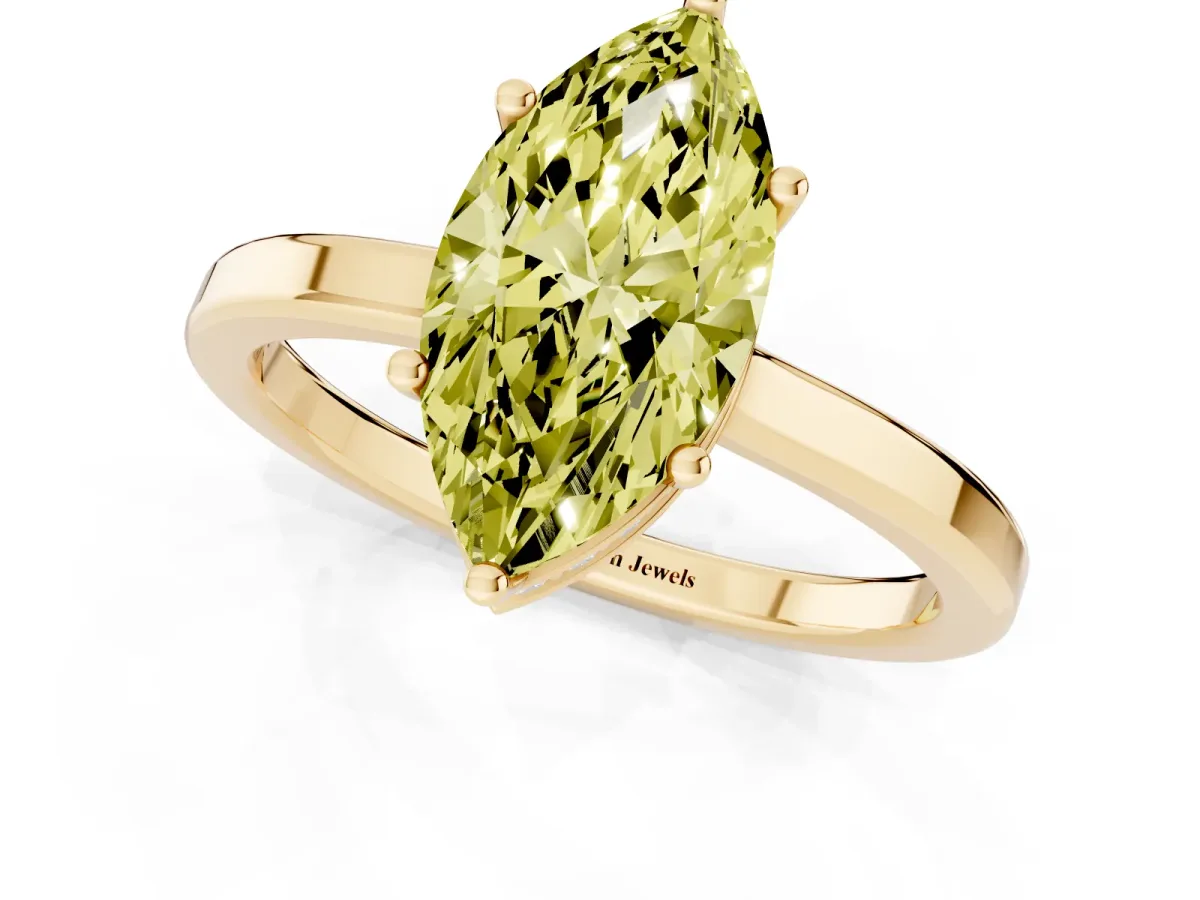 Fancy Yellow Marquise Cut Cut Solitaire Engagement Ring with Four-Prong Setting on a Classic Band Yellow gold