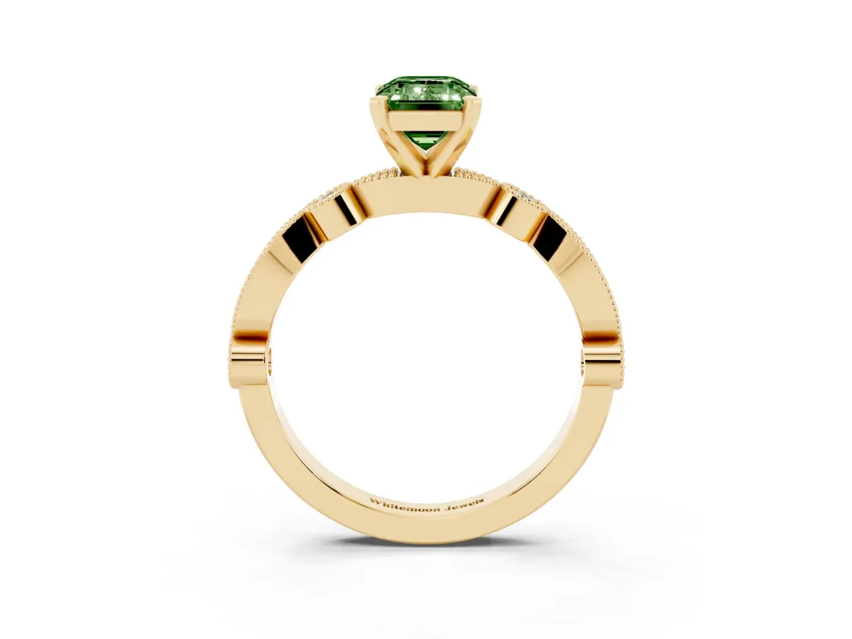 Fancy Green Emerald Cut Milgrain Bezel Diamond Engagement Ring with Solitaire Prong Setting Yellow gold