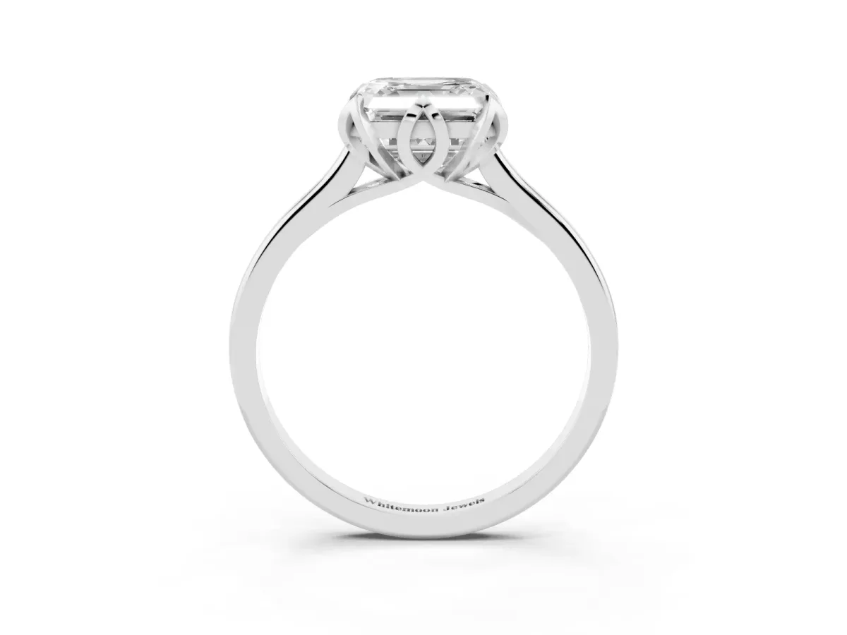 Asscher Cut Diamond Solitaire Ring with Flower Prong Setting and Classic Band Silver