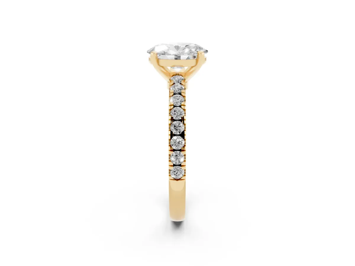 Oval Cut Solitaire Diamond with Pavé Band and Four-Prong Setting Yellow gold