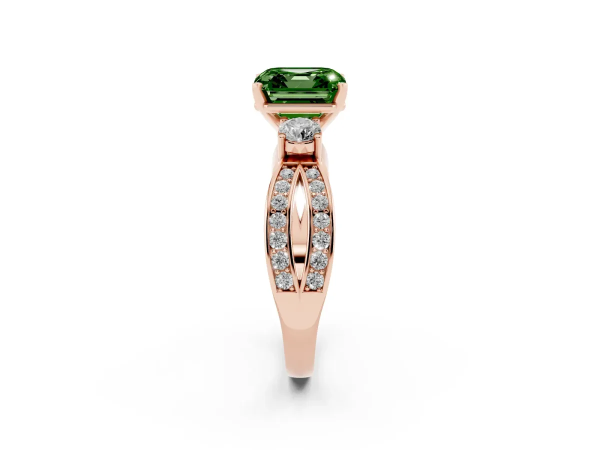 Fancy Green Three-Stone Asscher Cut Cut Diamond Twist Band with Prong Setting Rose gold