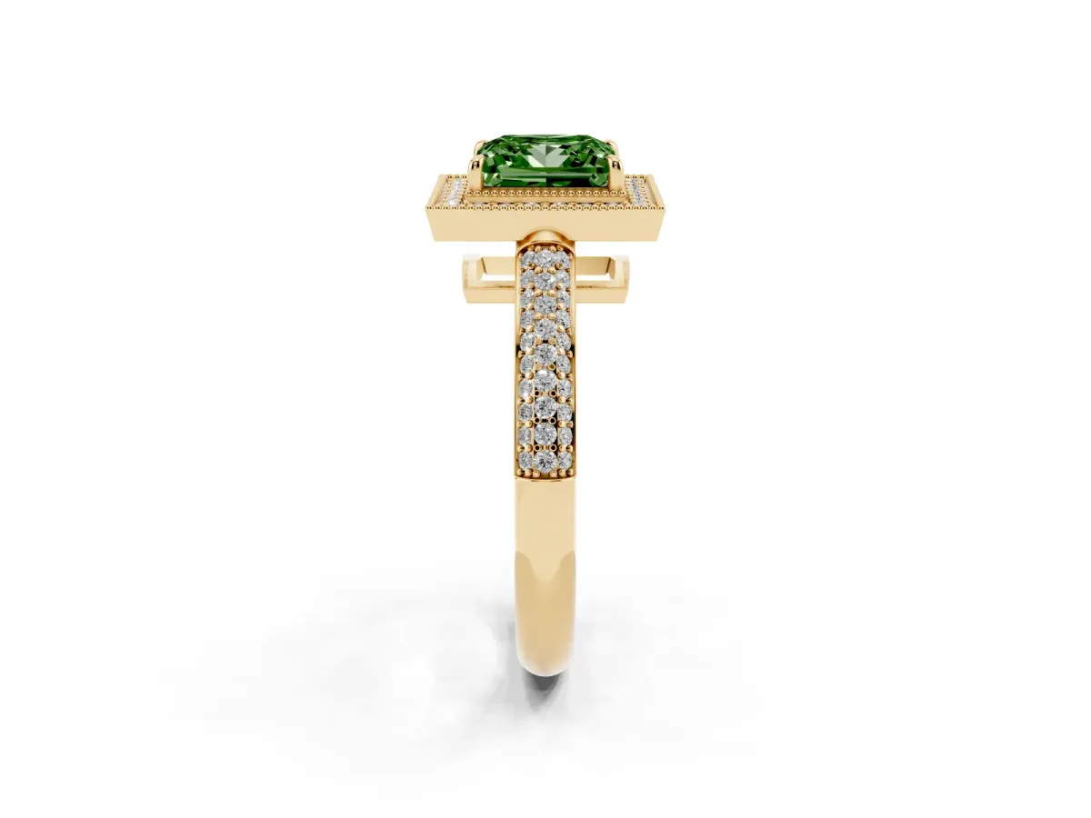 Fancy Green Princess Cut Cut Halo Diamond Pave Band with Four-Prong Setting Yellow gold