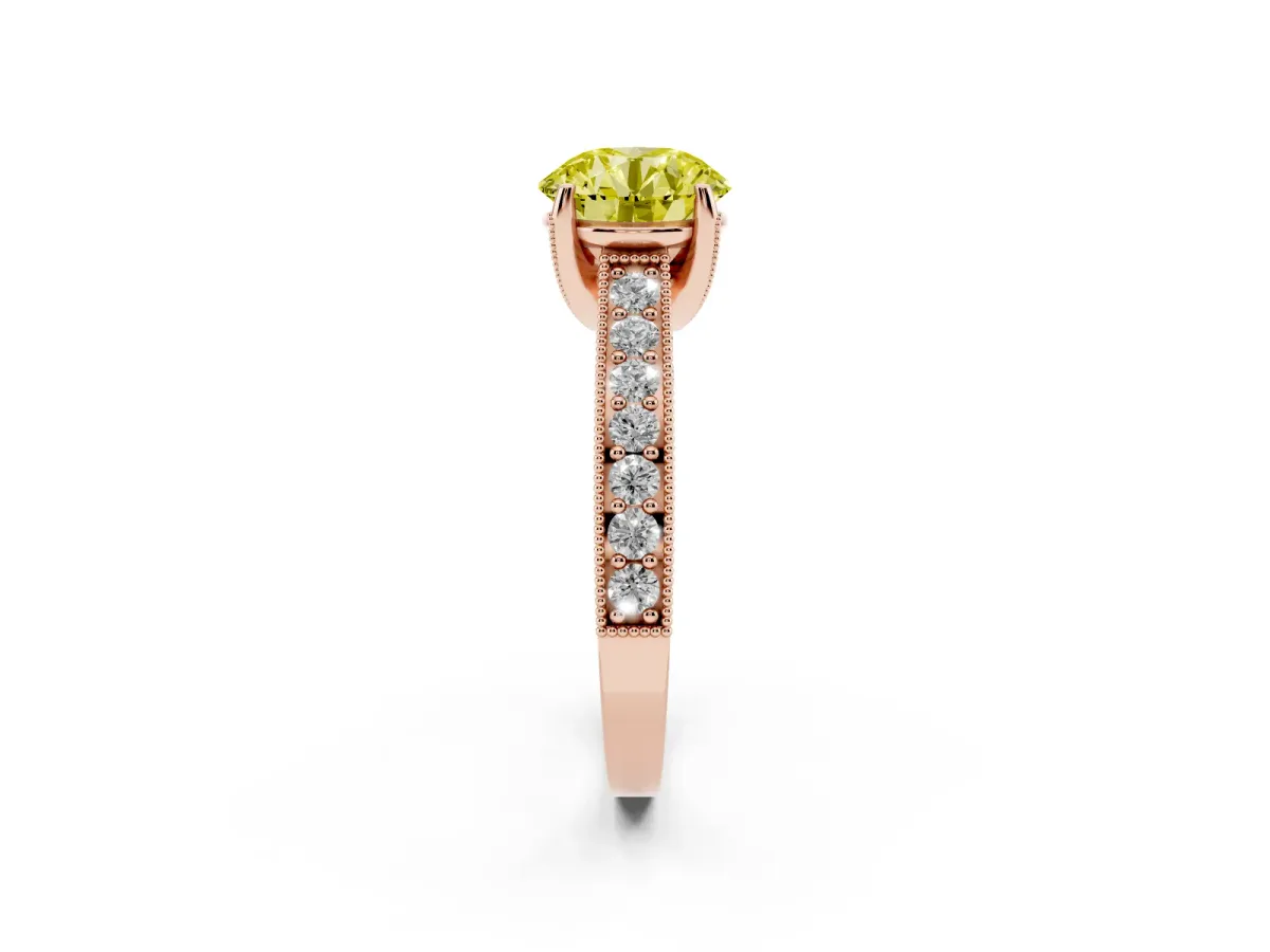 Fancy Yellow Round Cut Cut Diamond Solitaire Ring with Milgrain Pave Band and Four Prong Setting Rose gold