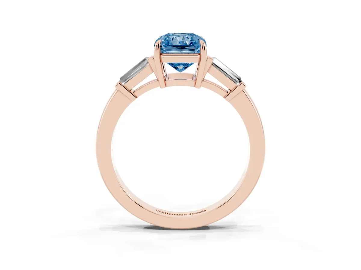 Fancy Blue Radiant Cut Diamond Three-Stone Ring with Tapered Baguette Side Stones and Prong Setting Rose gold